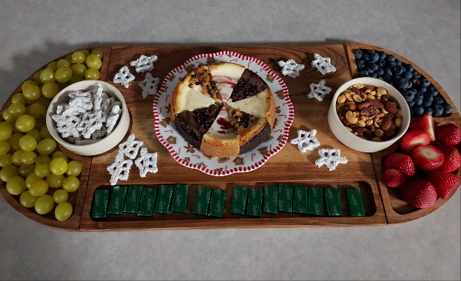 Dessert & Fruit Board Cheesecake, Fruit, Pretzels, Nuts